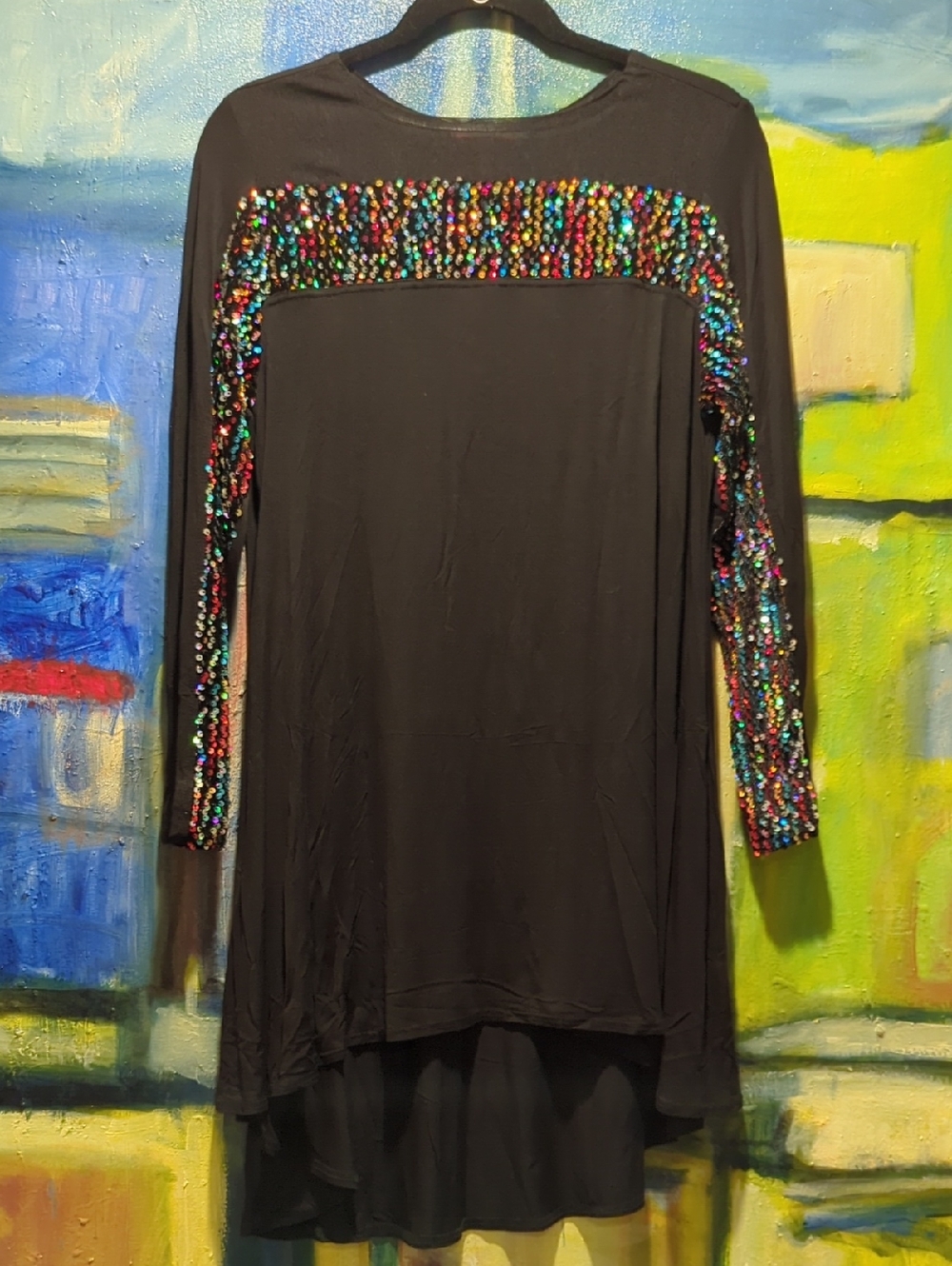 Mischca Black High Low Dress With Sequin And Mesh Detail Size Medium
